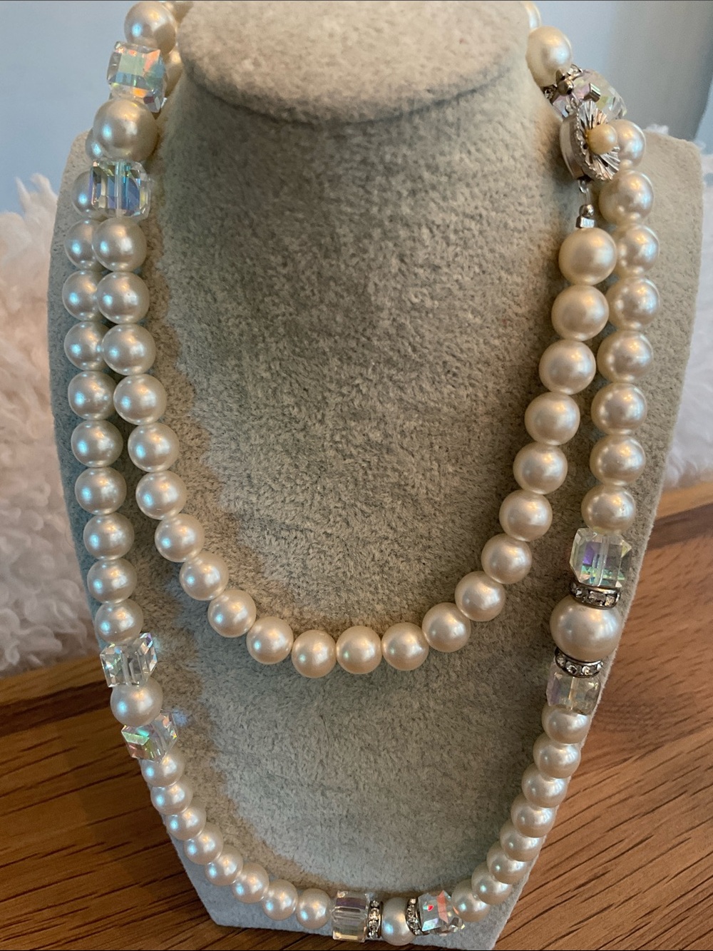 Vintage Signed METALL Single Strand Faux Pearls With AB Faceted Crystal Beads